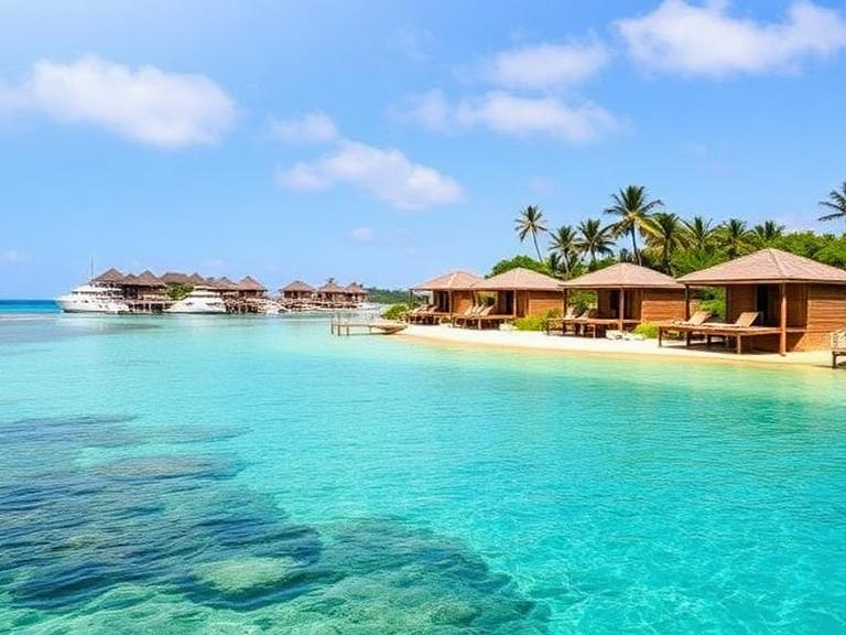 Tropical beach scene featuring luxurious overwater bungalows and clear turquoise waters, ideal for relaxed coastal escapes in Fiji or Bali.