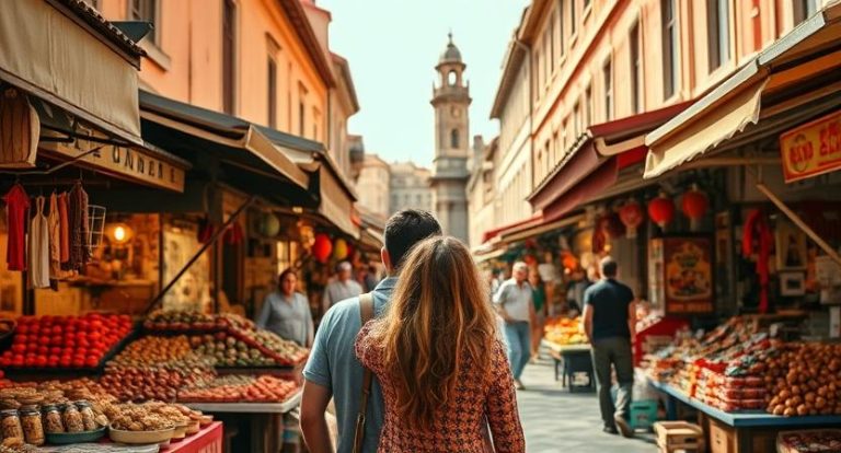 Couple exploring vibrant market street filled with fresh produce and local goods, showcasing a lively atmosphere and cultural experience.
