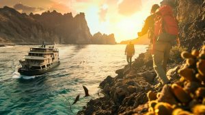 Travelers exploring rocky coastline at sunset, with a boat navigating the water, symbolizing unique adventures and off-the-beaten-path journeys.