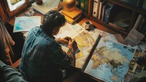 Person studying maps and planning a custom travel itinerary on a wooden desk, surrounded by travel books and a cup of coffee, reflecting off-the-beaten-track travel planning.
