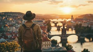Traveler overlooking a scenic cityscape at sunset, with bridges and historic architecture, embodying off-the-beaten-path travel experiences.