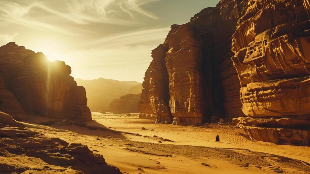 Desert landscape in Saudi Arabia with towering rock formations, golden sunlight illuminating the scene, and a solitary figure walking along the sandy terrain, reflecting the Kingdom's unique natural beauty and cultural heritage.