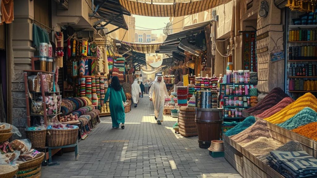Colorful spices and textiles in a bustling market, with shoppers exploring traditional crafts in a vibrant souk setting.