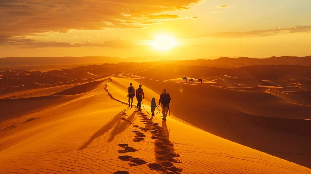 Family hiking in golden desert landscape at sunset, with camel silhouettes in the background, reflecting Saudi Arabia's natural beauty and adventure travel experiences.