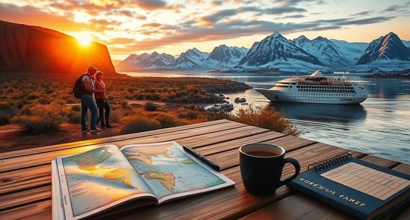 Couple enjoying a scenic view at sunset with mountains and a cruise ship, featuring a travel map and coffee cup on a wooden table, symbolizing personalized travel planning and adventure.