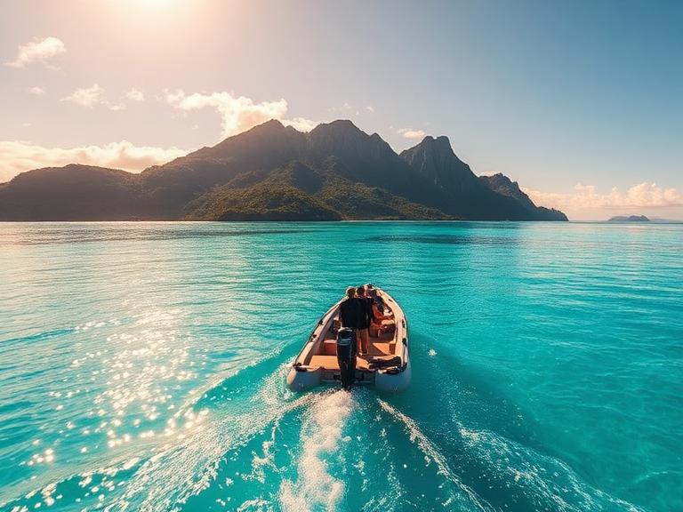 Motorboat navigating through crystal-clear turquoise waters, surrounded by lush green mountains, illustrating tropical island adventure and exploration.
