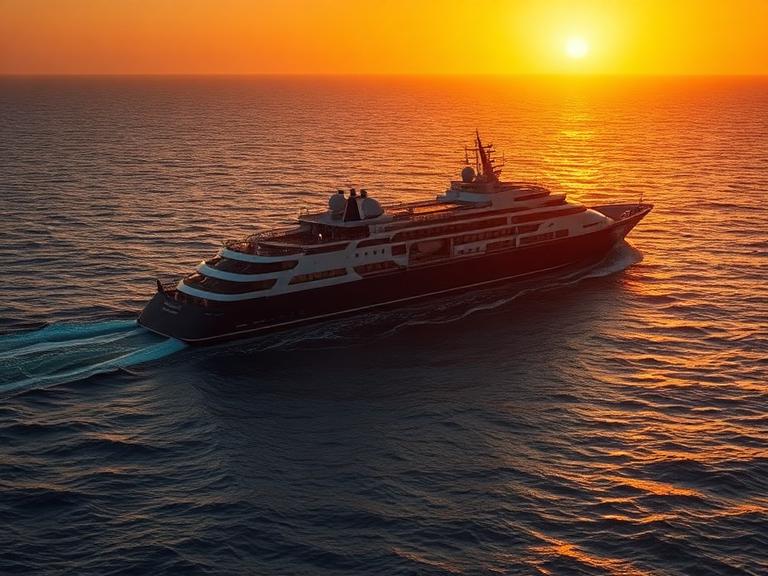 Luxury small ship cruising at sunset over calm ocean waters, showcasing a tranquil voyage experience.