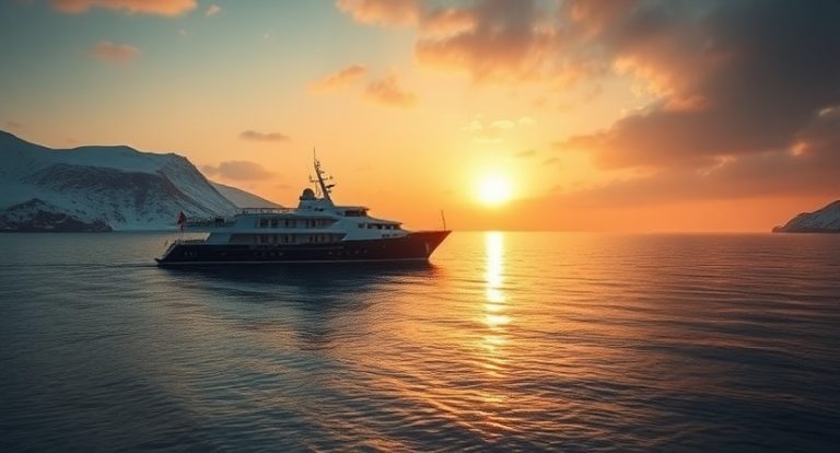 Luxury yacht sailing on calm waters at sunset, surrounded by mountains, symbolizing off-the-beaten-path travel experiences.