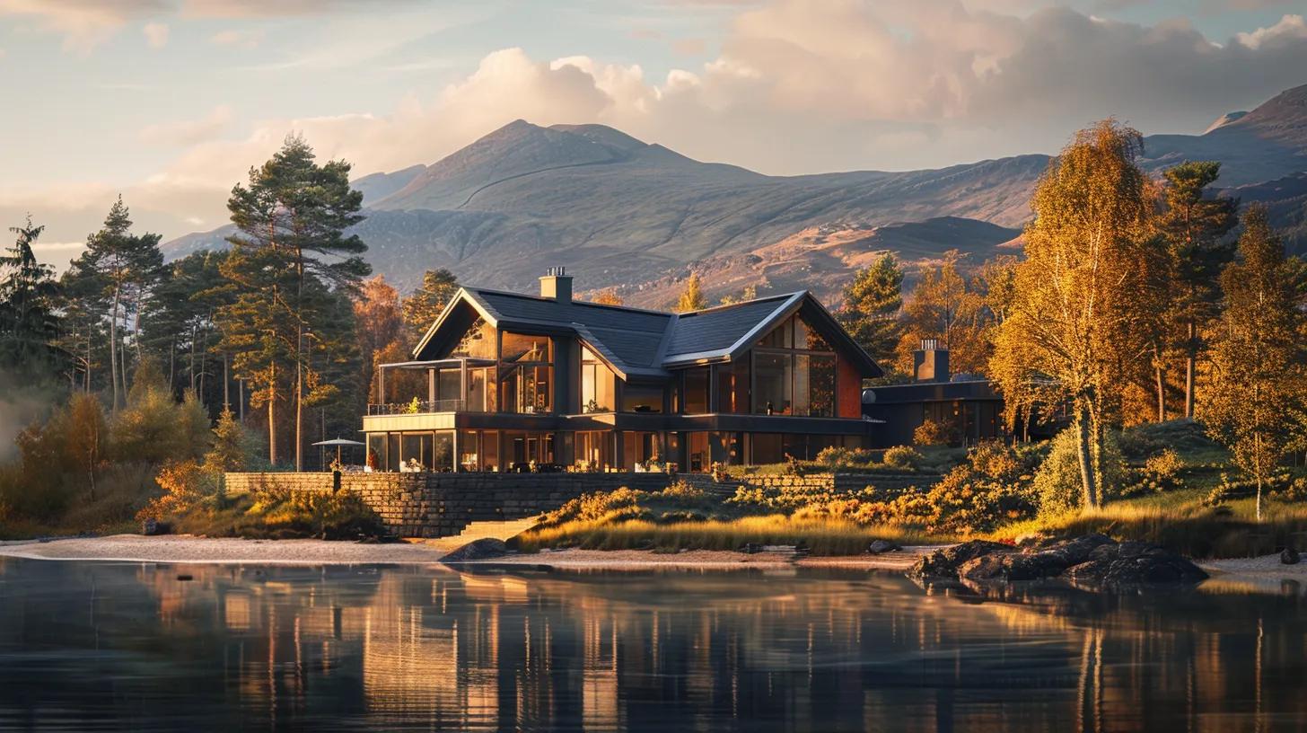 Luxurious lodge surrounded by autumn foliage and mountains, reflecting in calm waters, representing unique off-grid retreats for bespoke travel experiences.