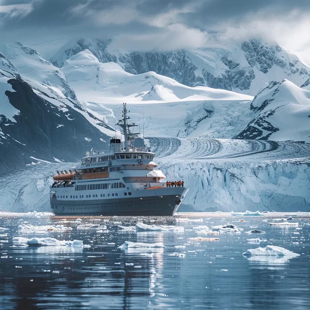 Expedition cruise ship navigating icy waters with towering glaciers in Antarctica, highlighting adventure and nature's beauty.