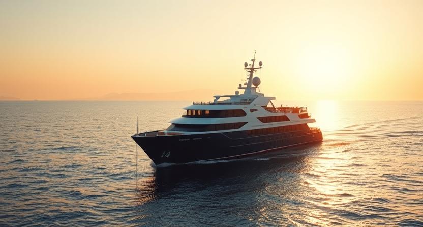 Luxury yacht cruising on calm waters during sunset, symbolizing bespoke travel experiences offered by Off The Beaten Track Travel Australia.