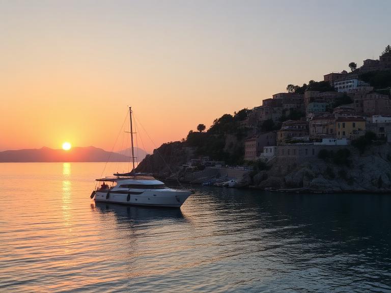 Sunset over tranquil waters with a yacht anchored near a coastal town, highlighting serene Mediterranean ambiance and travel inspiration for cruise enthusiasts.