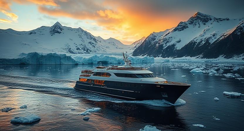 Luxury expedition yacht navigating icy waters with towering mountains and glaciers at sunset, ideal for unique travel experiences and adventure in remote destinations.