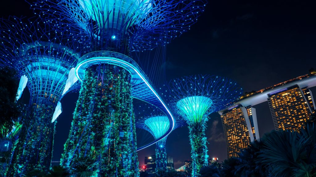 Illuminated Supertree Grove at Gardens by the Bay in Singapore, showcasing futuristic design and lush greenery against a night sky.