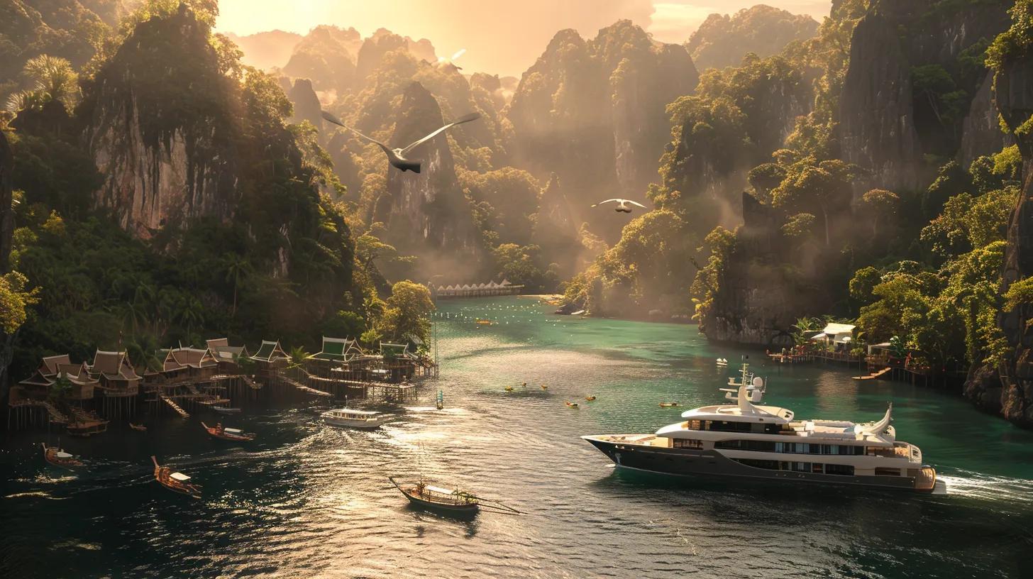 Luxury yacht navigating through serene waters surrounded by lush mountains and traditional stilt houses, ideal for bespoke travel experiences in unique destinations.