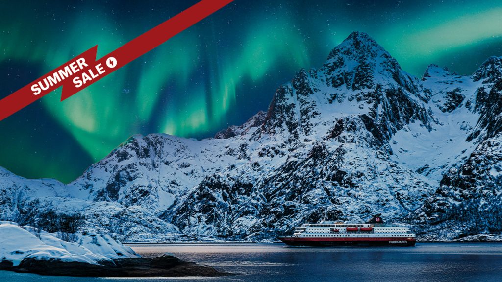 Cruise ship navigating icy waters under vibrant northern lights, promoting Hurtigruten Summer Sale for unique travel experiences.
