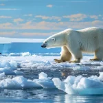 Polar bear walking across ice in a breathtaking polar landscape, showcasing untouched natural beauty and wildlife, relevant to Richard's travel services specializing in unique and immersive experiences.