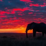 Elephant silhouetted against a breathtaking sunset with vibrant red and purple clouds, symbolizing off-the-beaten-path travel experiences.