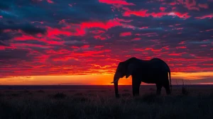 Elephant silhouetted against a breathtaking sunset with vibrant clouds, representing the beauty of wildlife experiences in off-the-beaten-path travel destinations.