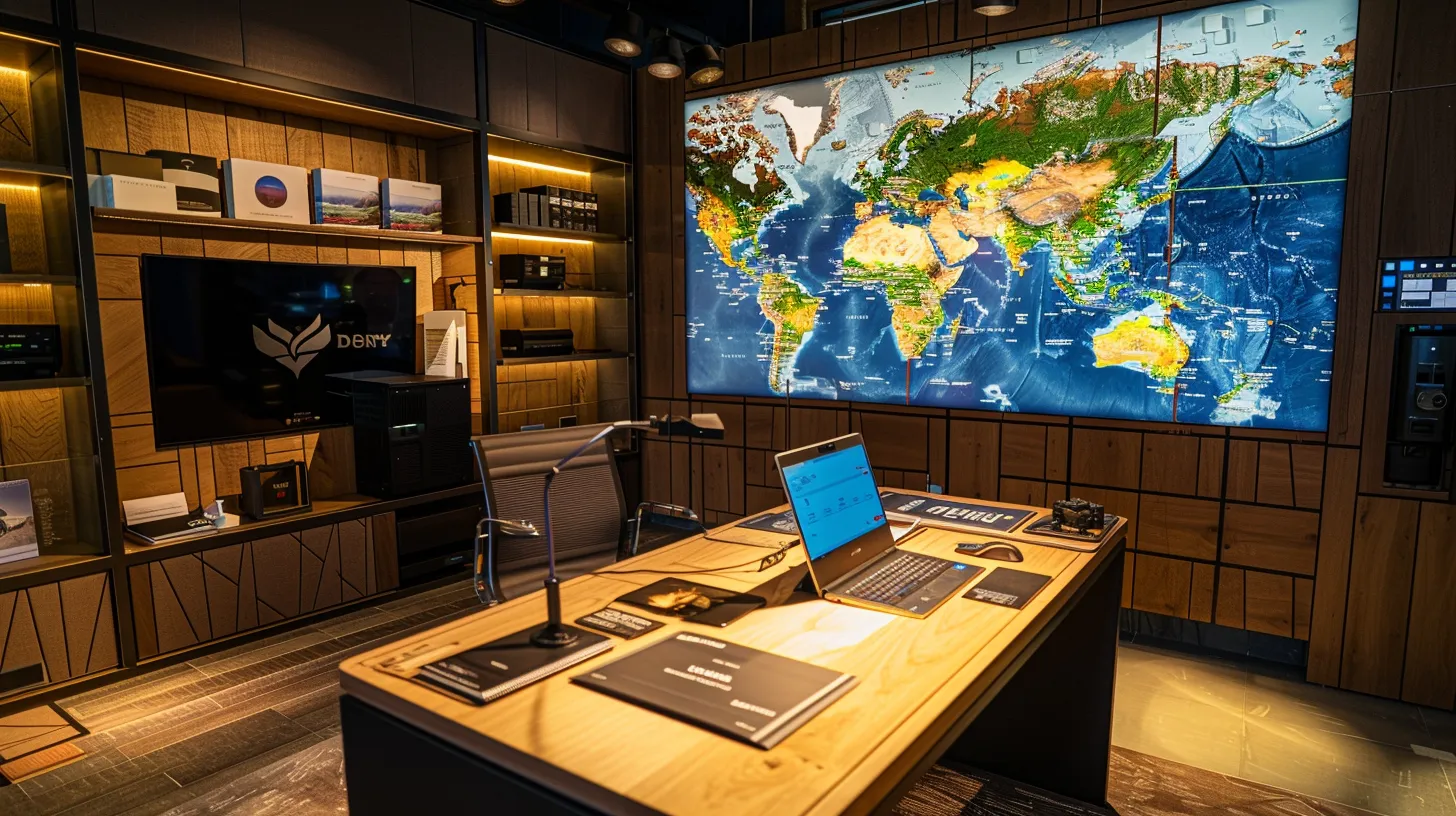 Elegant travel planning office with a large world map display, modern desk setup, and luxury travel brochures, illustrating personalized travel services in Australia.